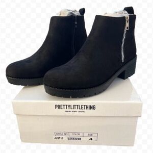 Pretty Little Thing Black Ankle Side Zip Microfiber Booties Size  US 6/UK 37 NEW